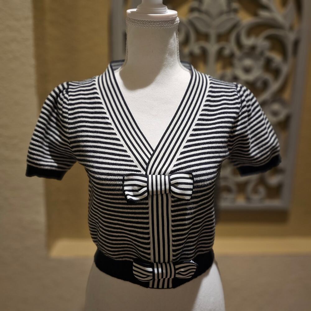 Threaded Leaf Striped Bow Sweater M Cropped Feminine Coquette Parisian Knit Twee - Picture 3 of 15